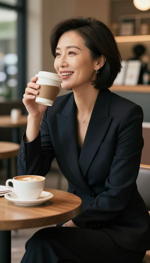 职场精英的优雅瞬间：咖啡馆中的自信微笑