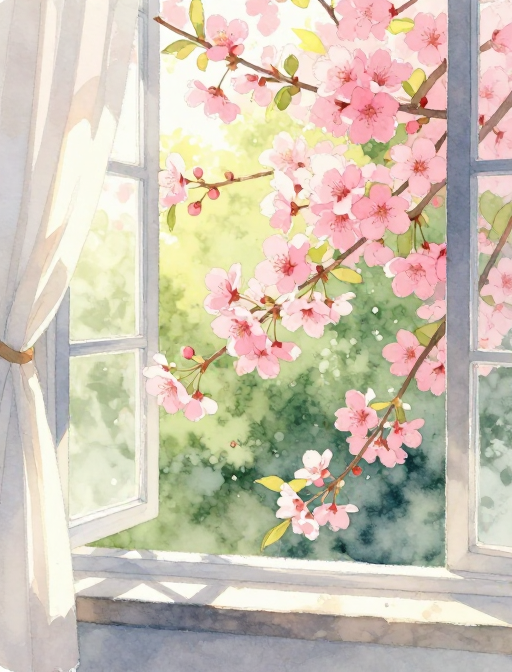春日窗景:柔和水彩描绘生机