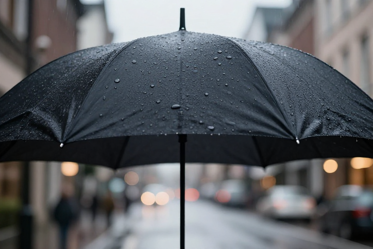 黑伞雨滴特写：阴冷都市中的静谧瞬间