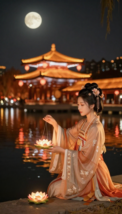 月夜花灯映大唐不夜城女子祈福放莲灯
