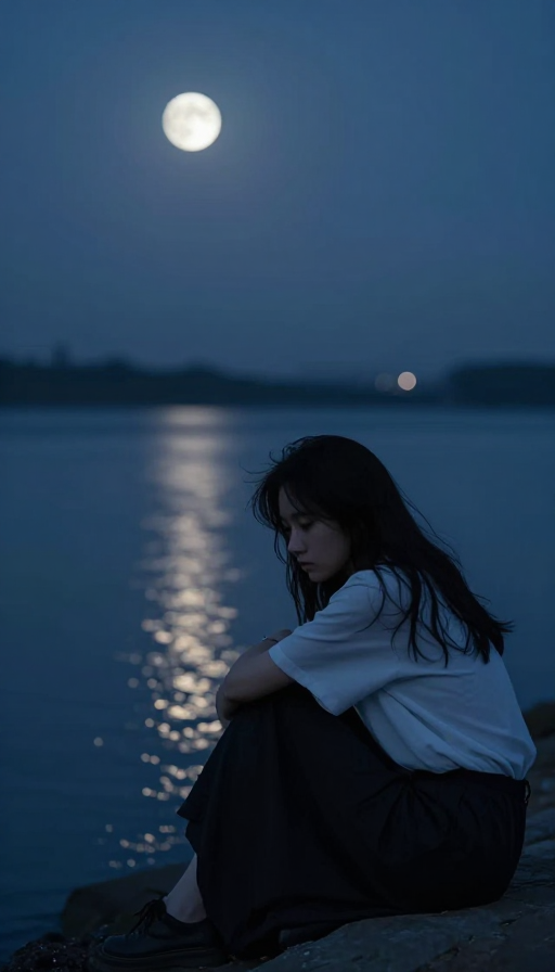 江边月夜下的失恋少女：孤独与忧伤的诗意瞬间