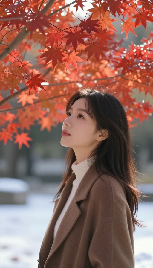 8K电影级人像摄影：红枫映雪，阳光下的炽热画卷