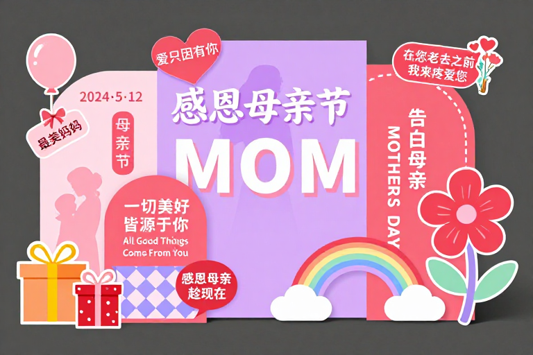 粉紫渐变母亲节立体展板设计,温馨母爱传递