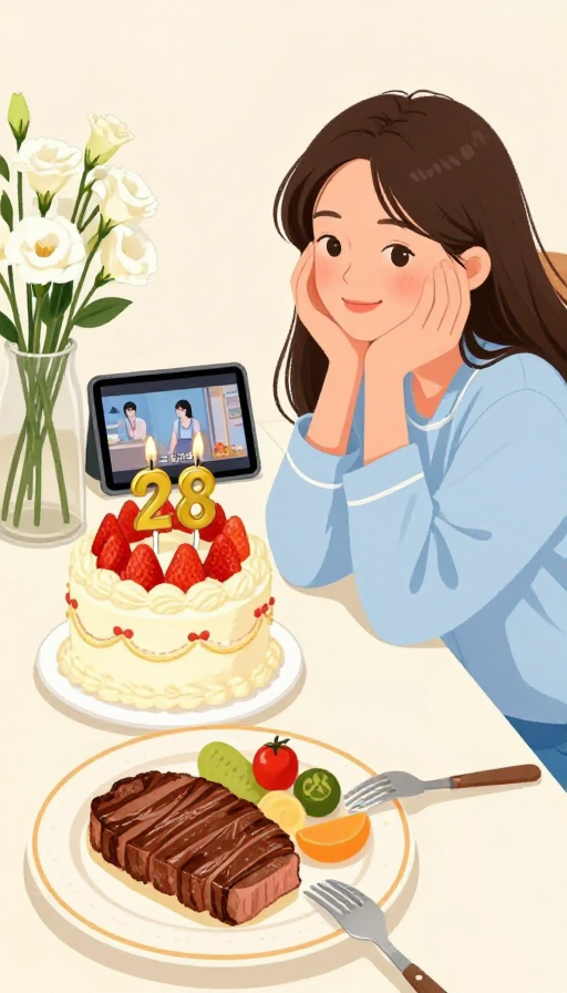 插画风28岁生日餐桌·少女微笑庆生
