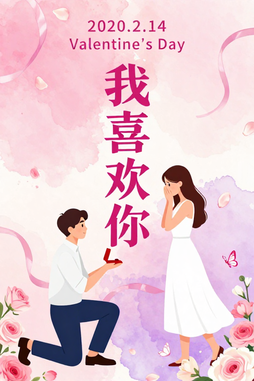 深情告白：水彩渐变情人节浪漫插画