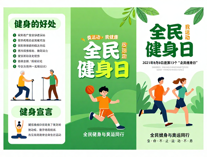 清新活力绿色三折页全民健身日宣传海报