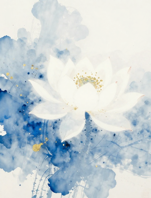 水墨岩彩莲花意境：淡雅泼墨与留白的艺术融合