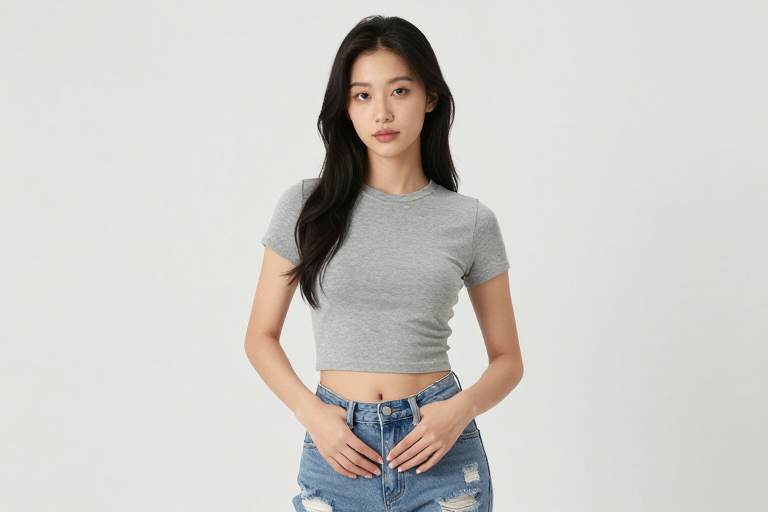 亚洲女性时尚服饰展示:灰色T恤与牛仔裤