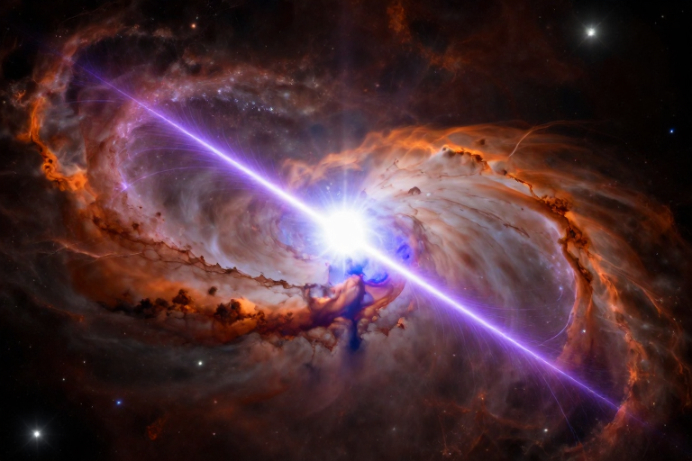 宇宙深空:高能喷流的紫橙双色辉光