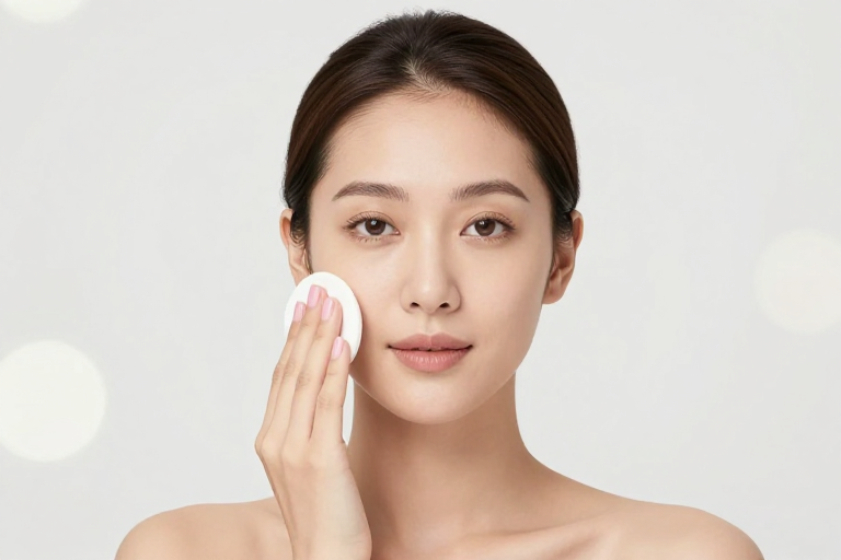 亚洲女性美妆护肤广告：精致面容与柔光效果