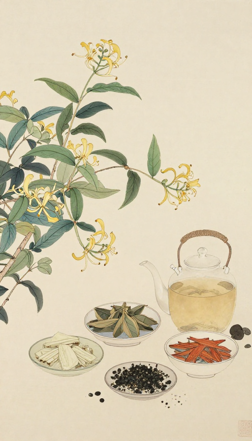 金银花与药材方剂的写实国画艺术