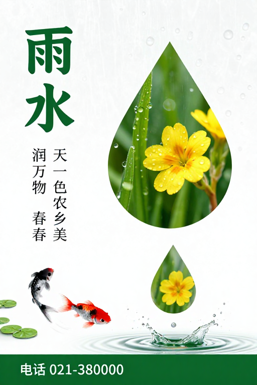 雨水节气海报：青绿微光下的春之生机