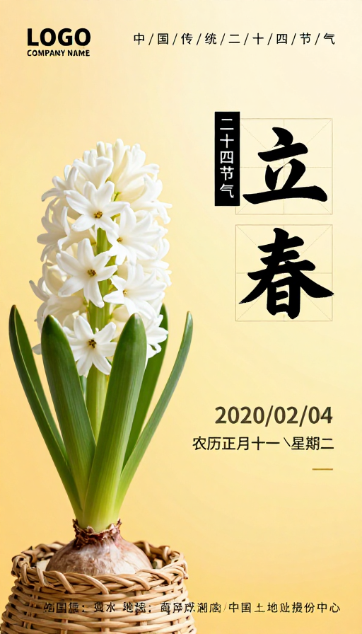 春日立春：暖黄风信子新中式节气海报