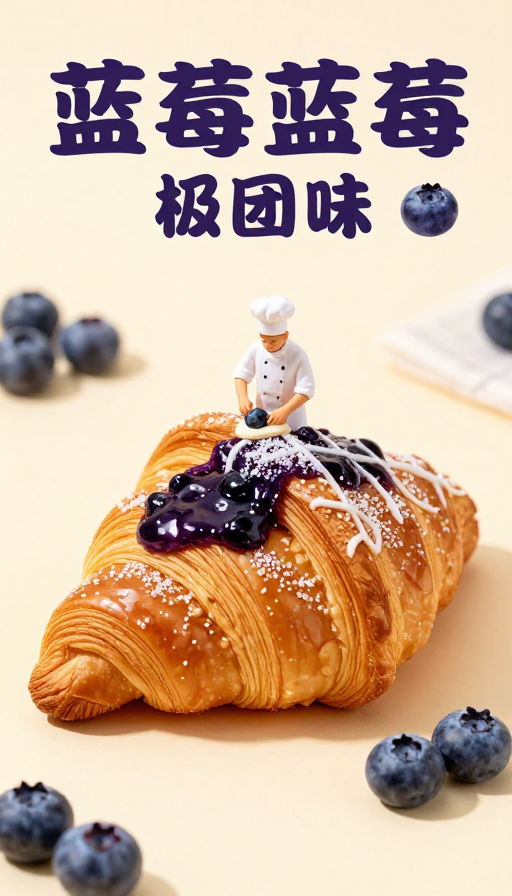 微距创意:迷你面点师的巨型蓝莓羊角面包