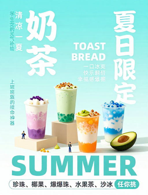 夏日限定清凉奶茶：薄荷蓝渐变创意海报设计