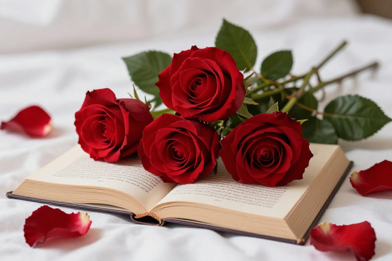 红玫瑰与书香交织的浪漫光影摄影