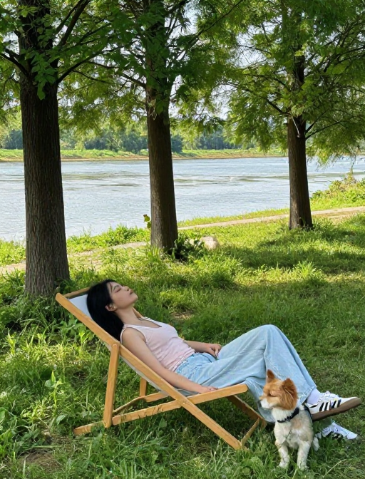 阳光草地上的宁静午后:女子与爱宠的治愈瞬间