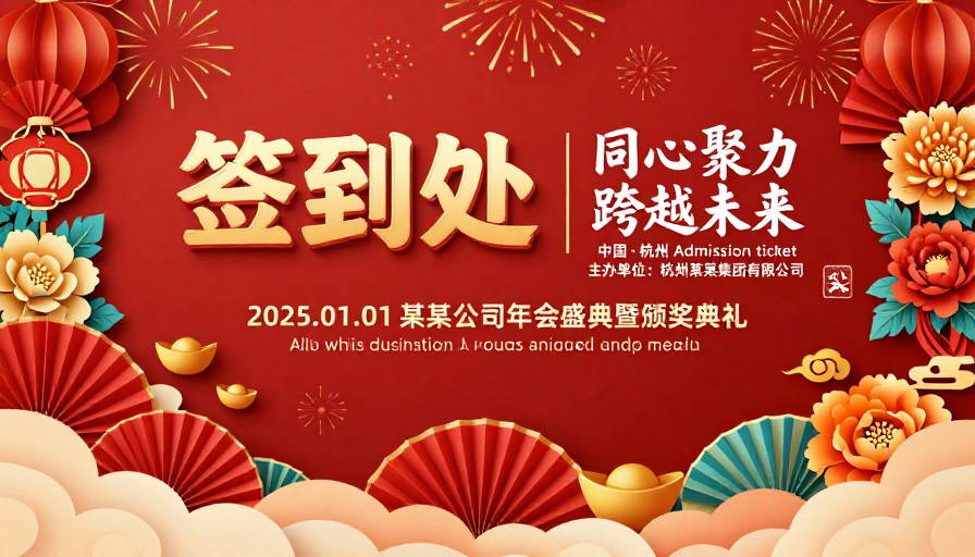 红色喜庆中国风年会签到处背景海报