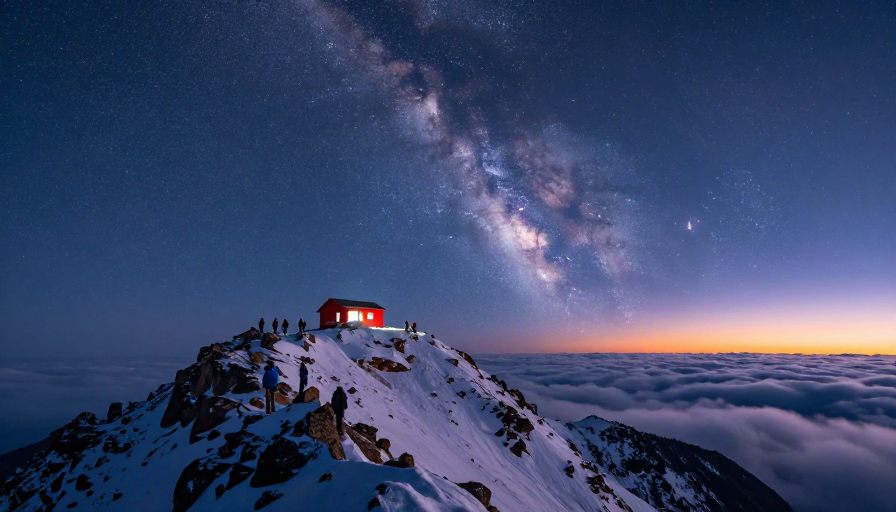 雪山之巅仰望星空：红色小屋伴银河