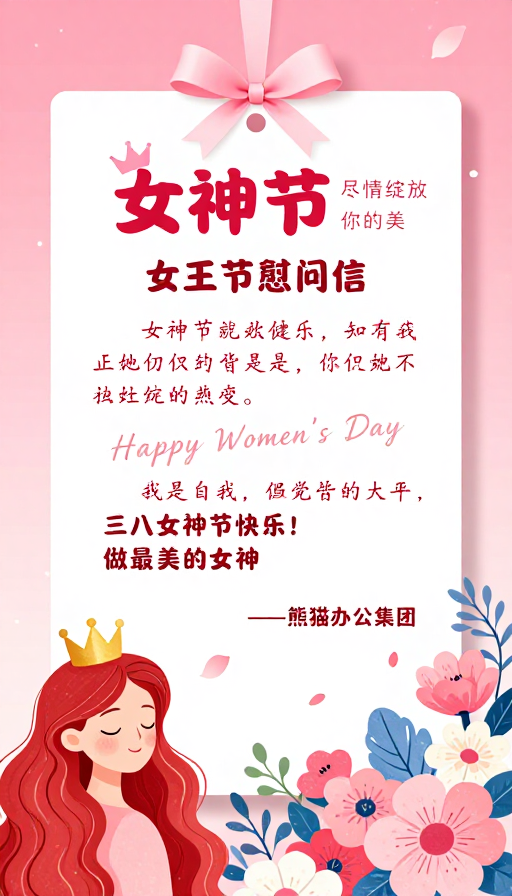粉色渐变梦幻女神节贺卡:绽放你的美