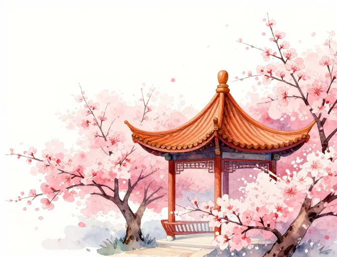 东方诗意：水彩樱花与古亭的春日意境