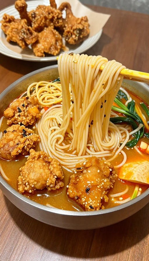 深夜美食时光:热腾腾的米线与酥脆炸鸡