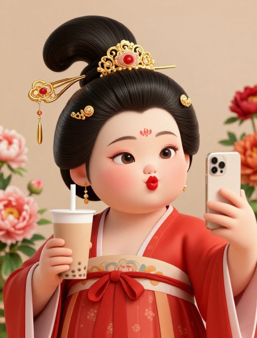 超现实唐代美人：奶茶自拍与牡丹花海