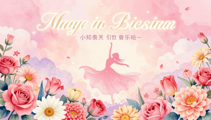 梦幻粉彩春日:轻盈舞动的女性剪影插画