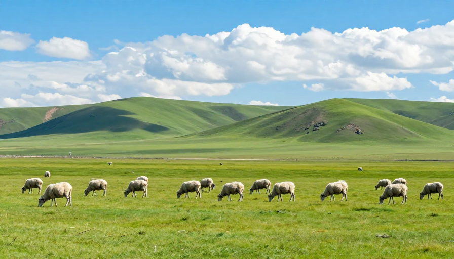 翠绿草原上的白色绵羊群侧光摄影