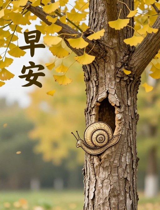 秋日银杏与蜗牛:沙绘浮雕的清新晨光