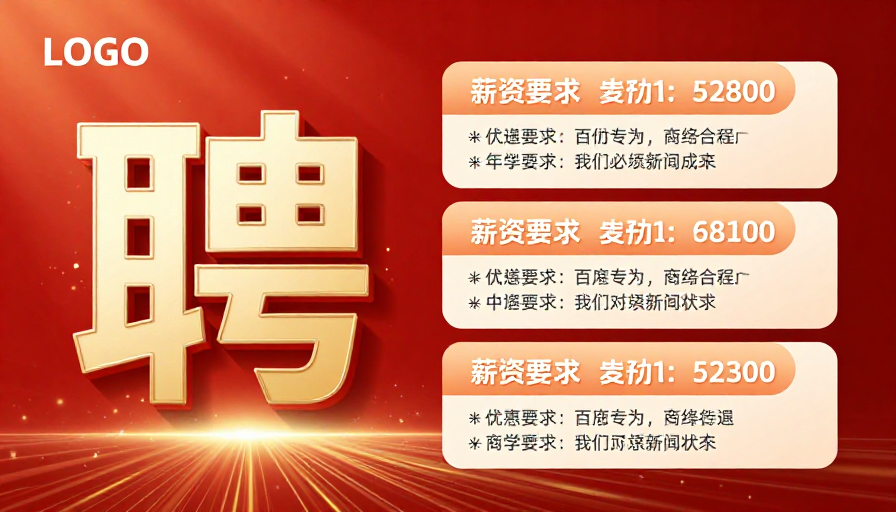 金色立体聘字红色渐变背景招聘海报设计