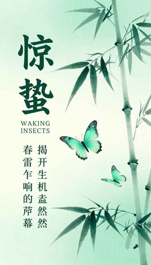 惊蛰青绿:新中式水墨早春晚景海报
