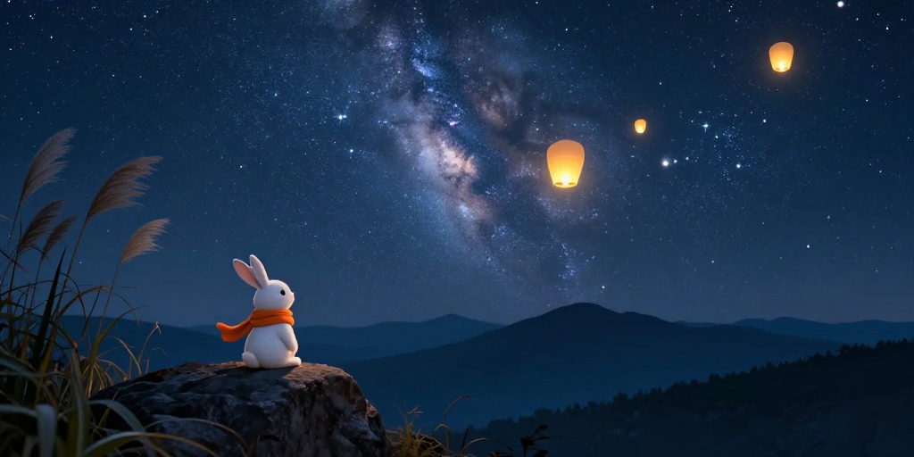 繁星暖灯映夜空，橙围巾小兔静望银河