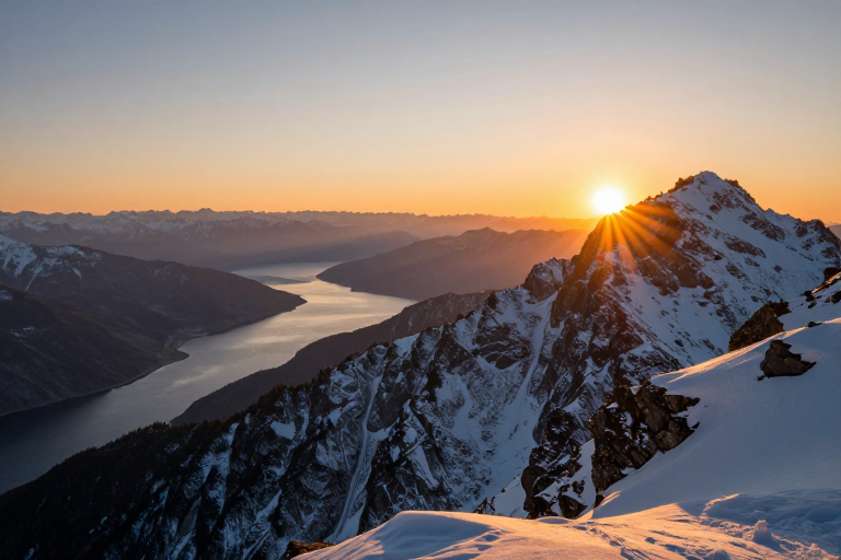 雪山日出全景:金色晨光映耀壮丽雪峰