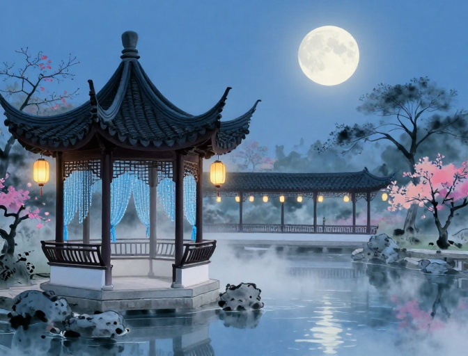 月照中式园林:静谧六角亭与梦幻水墨画卷