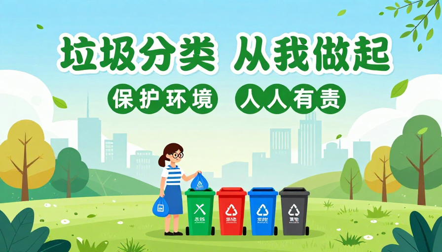 清新扁平插画：垃圾分类从我做起