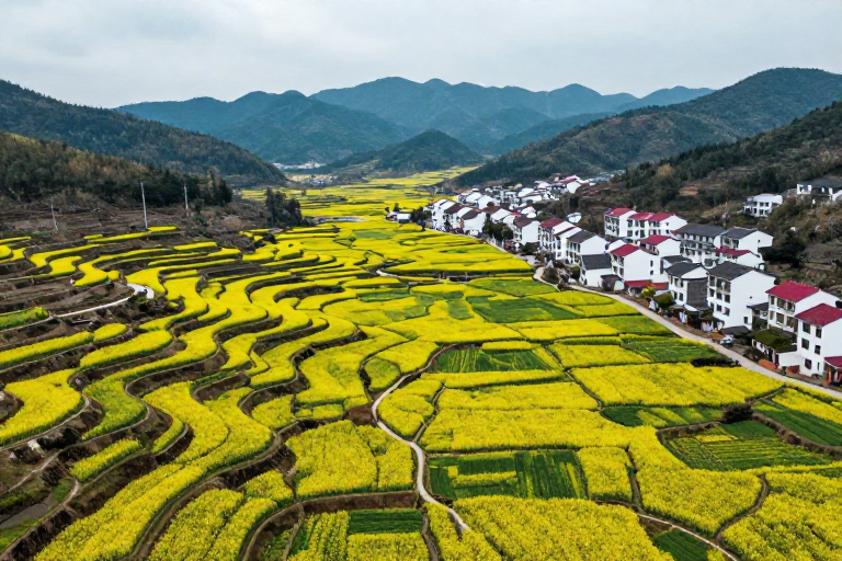 阴柔冷调下的梯田金黄：山谷油菜花与村落风光摄影