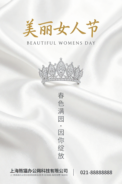 唯美极简女性节海报:丝绸质感与珠宝王冠的优雅礼赞