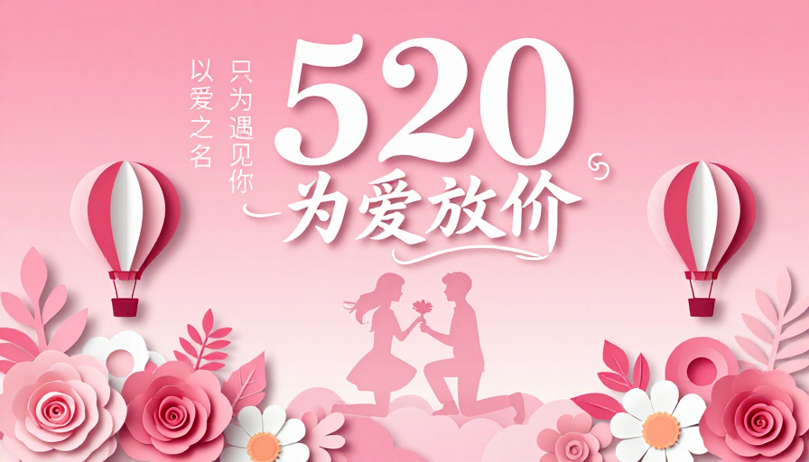 粉色纸艺520情人节促销海报