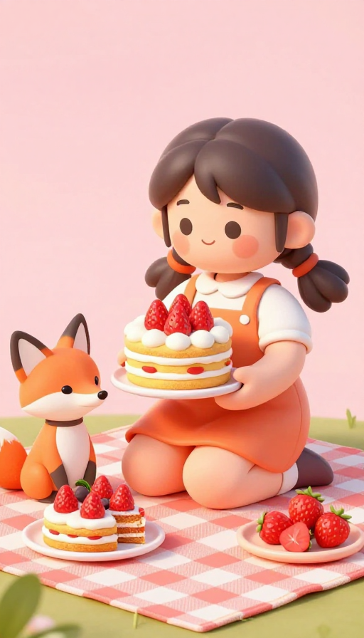 粉橘调3D野餐：圆脸女孩与狐狸分享草莓蛋糕