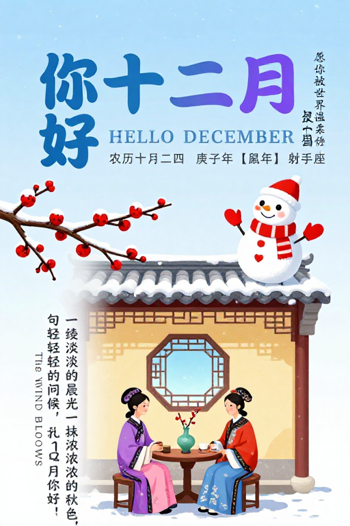 冬日温馨插画：你好十二月问候海报