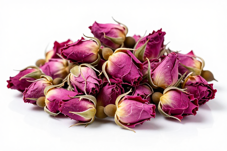 干枯紫玫瑰静物摄影，纯净白底呈现自然质感