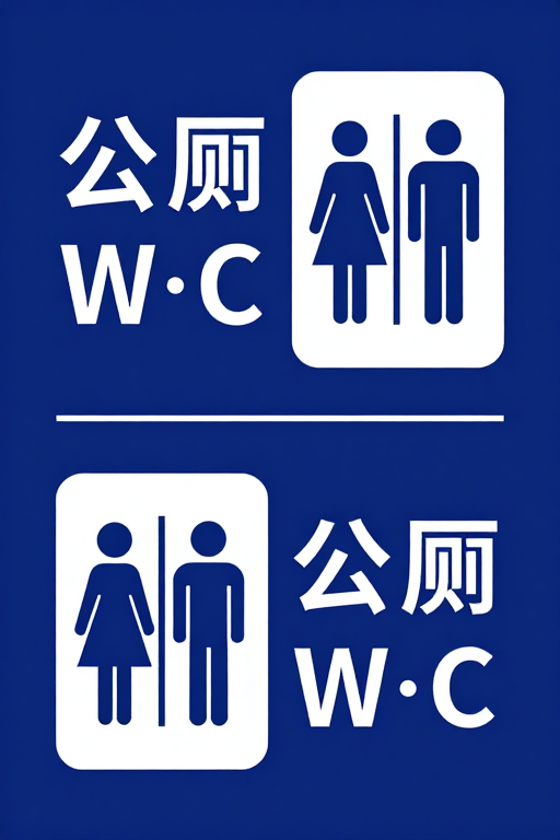 现代简约公厕标识设计,白蓝配色高对比度清晰易读