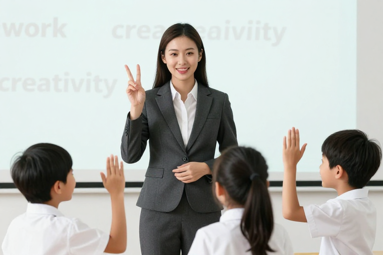 亚洲女教师引导学生互动教学瞬间