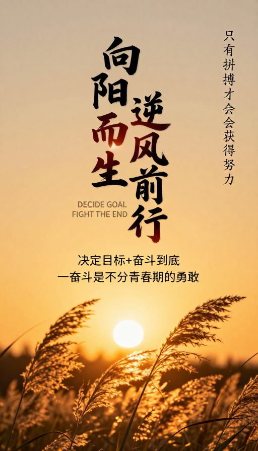 逆风生长的金色芦苇诗:向阳而行的励志艺术海报