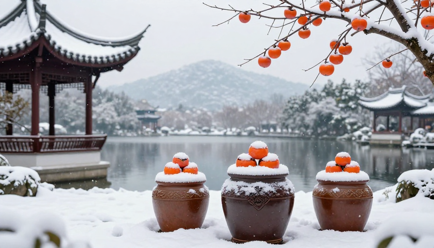 雪映古韵：冬日庭院柿红陶韵