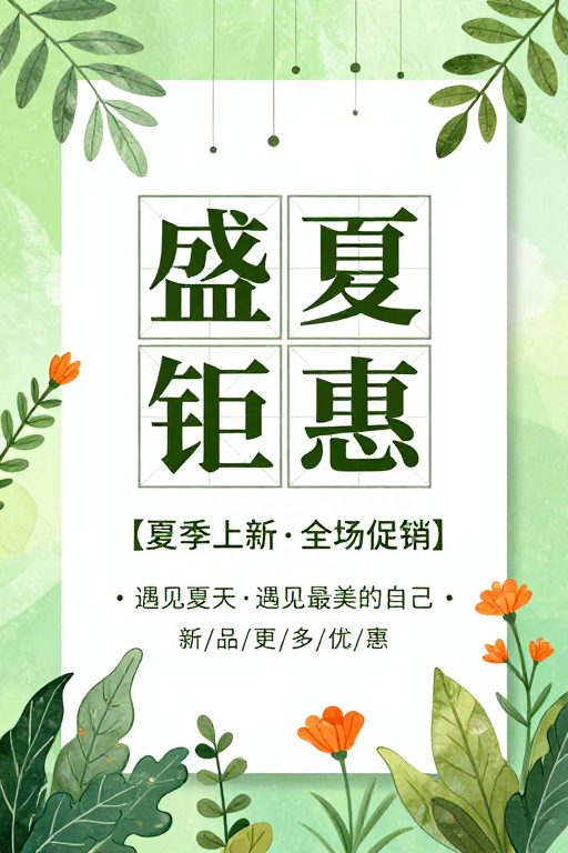 清新自然夏季促销海报：盛夏钜惠与手写艺术融合