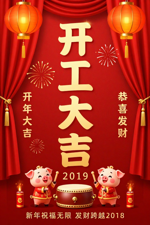 2019春节开工大吉海报：红金喜庆中国风