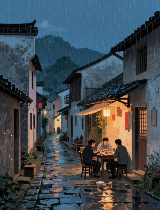 青石巷雨夜：一家人的温暖晚餐（插画）