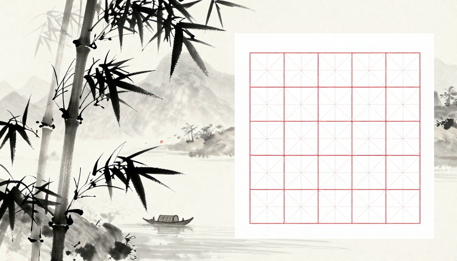 墨竹山水配红格:中式水墨留白设计